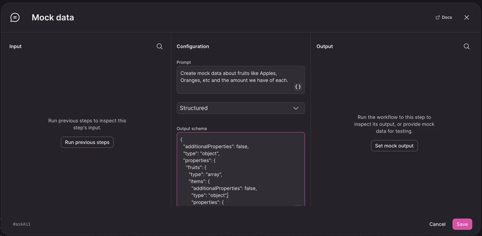 Ask AI workflow step configured with a structured output schema