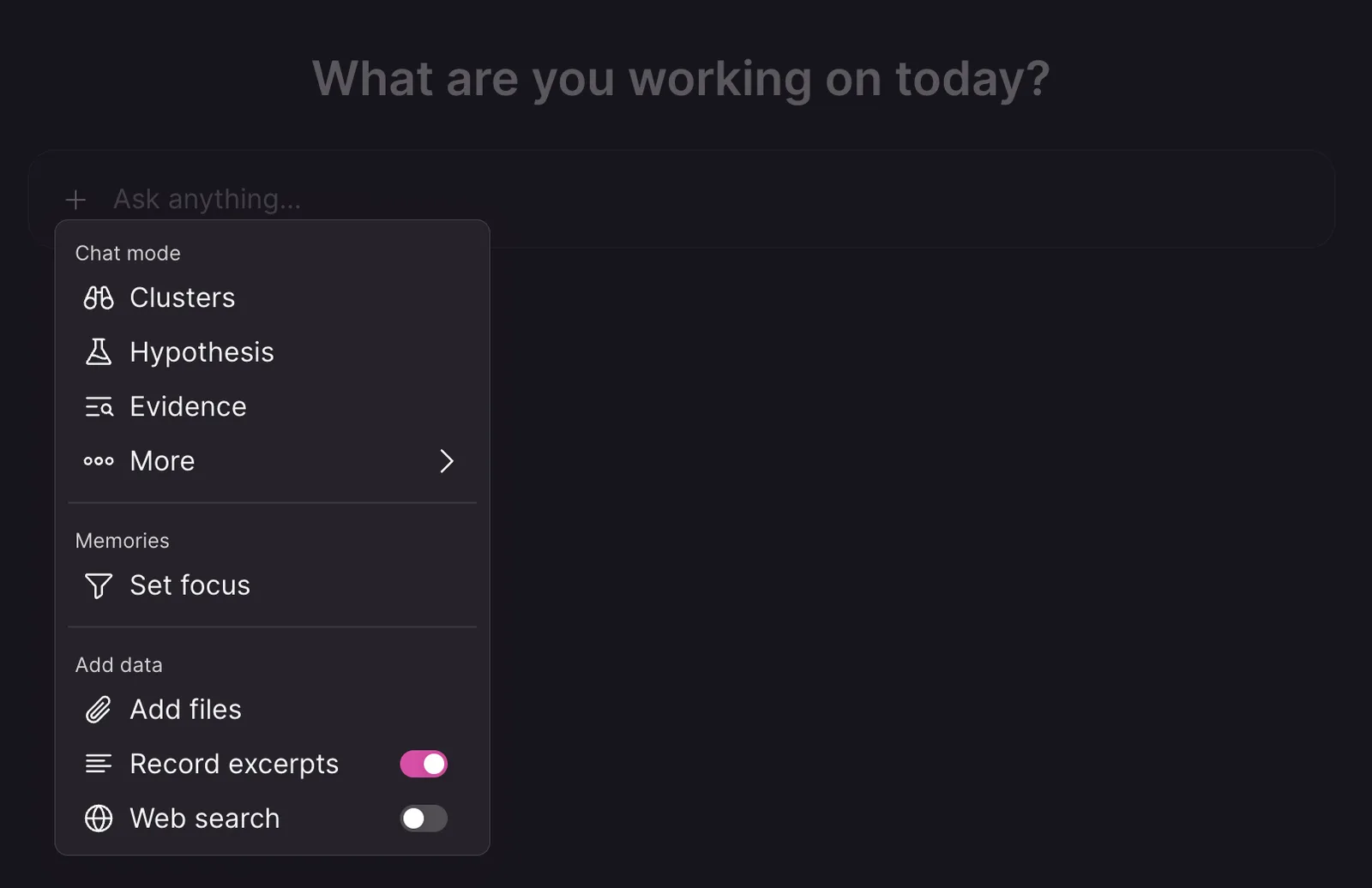 Chat data menu showing record extracts and web search options