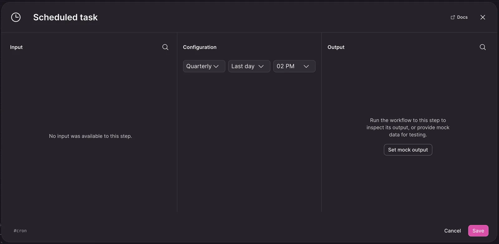 Scheduled task configuration with the Quarterly frequency selected