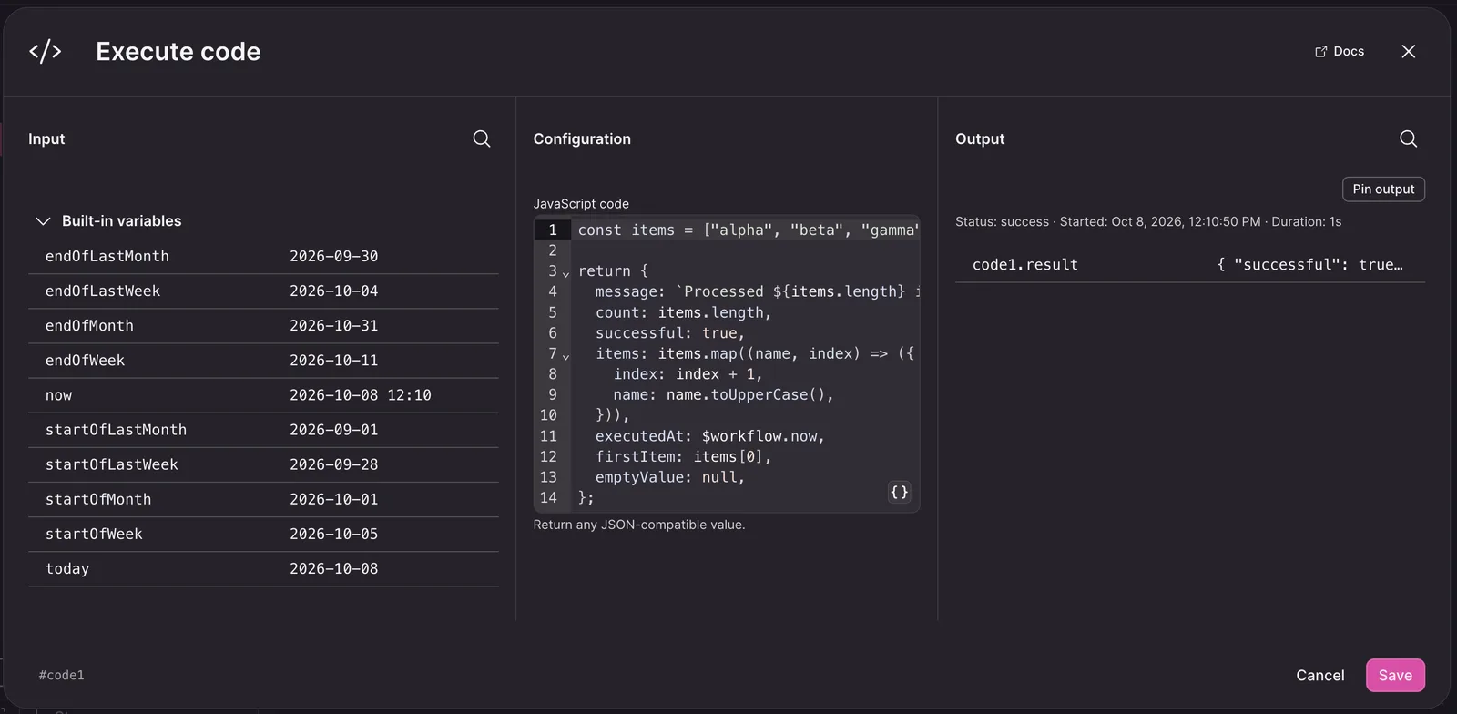 Code step showing workflow inputs, an editor, and structured output