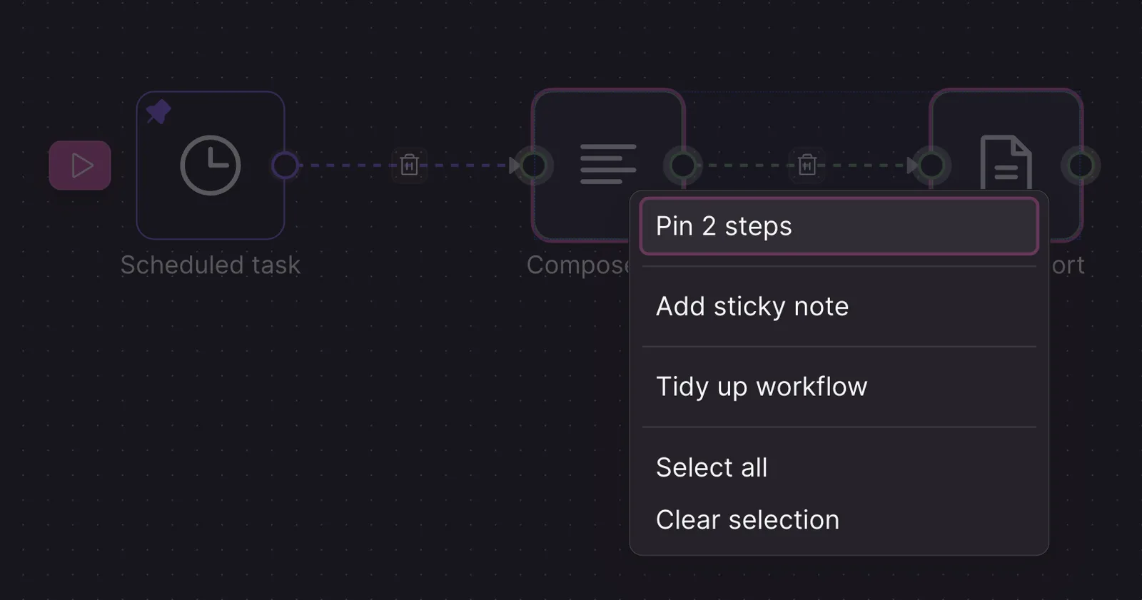 Context menu for pinning outputs of selected workflow steps