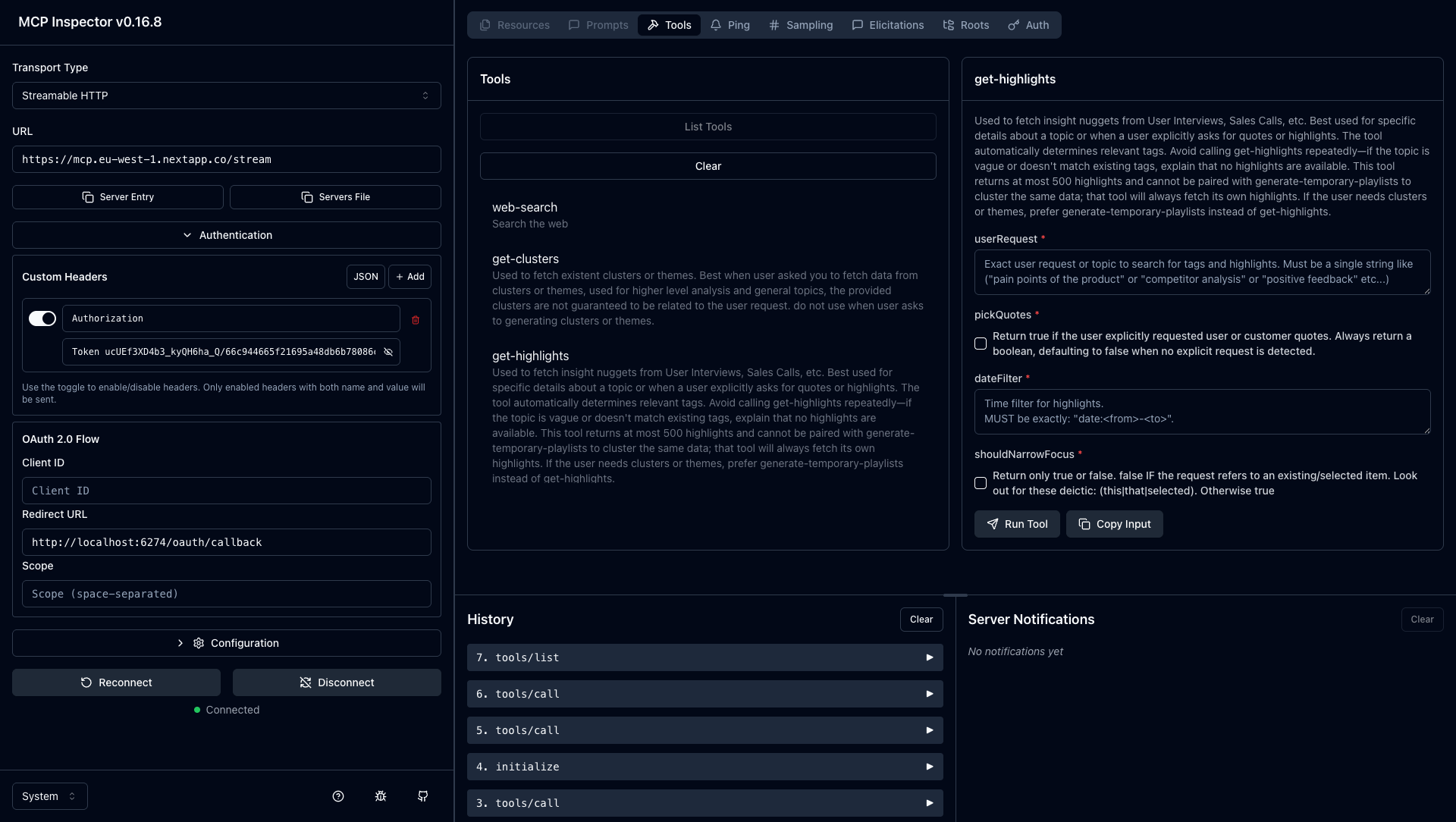 MCP Inspector connected to NEXT AI