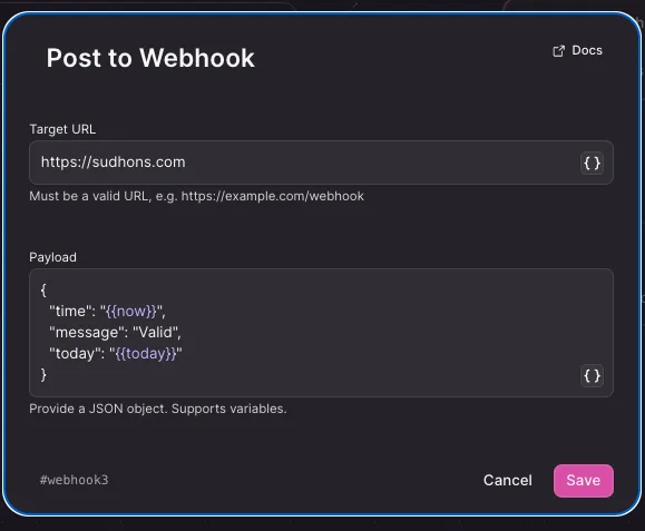 Webhook configuration with workflow variables in a JSON payload
