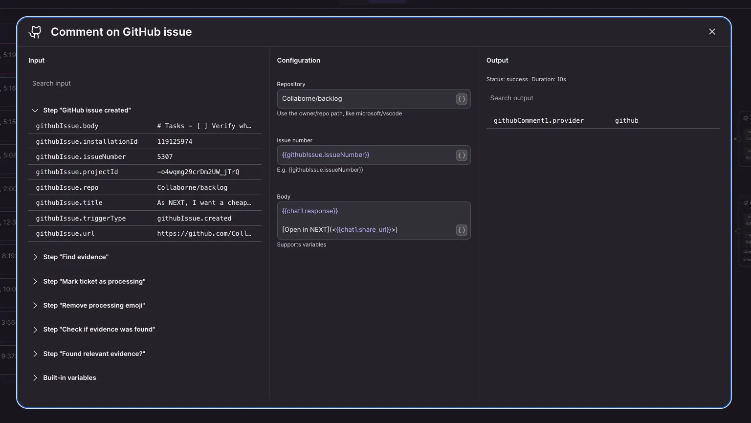 Workflow step dialog showing separate Input, Configuration, and Output sections