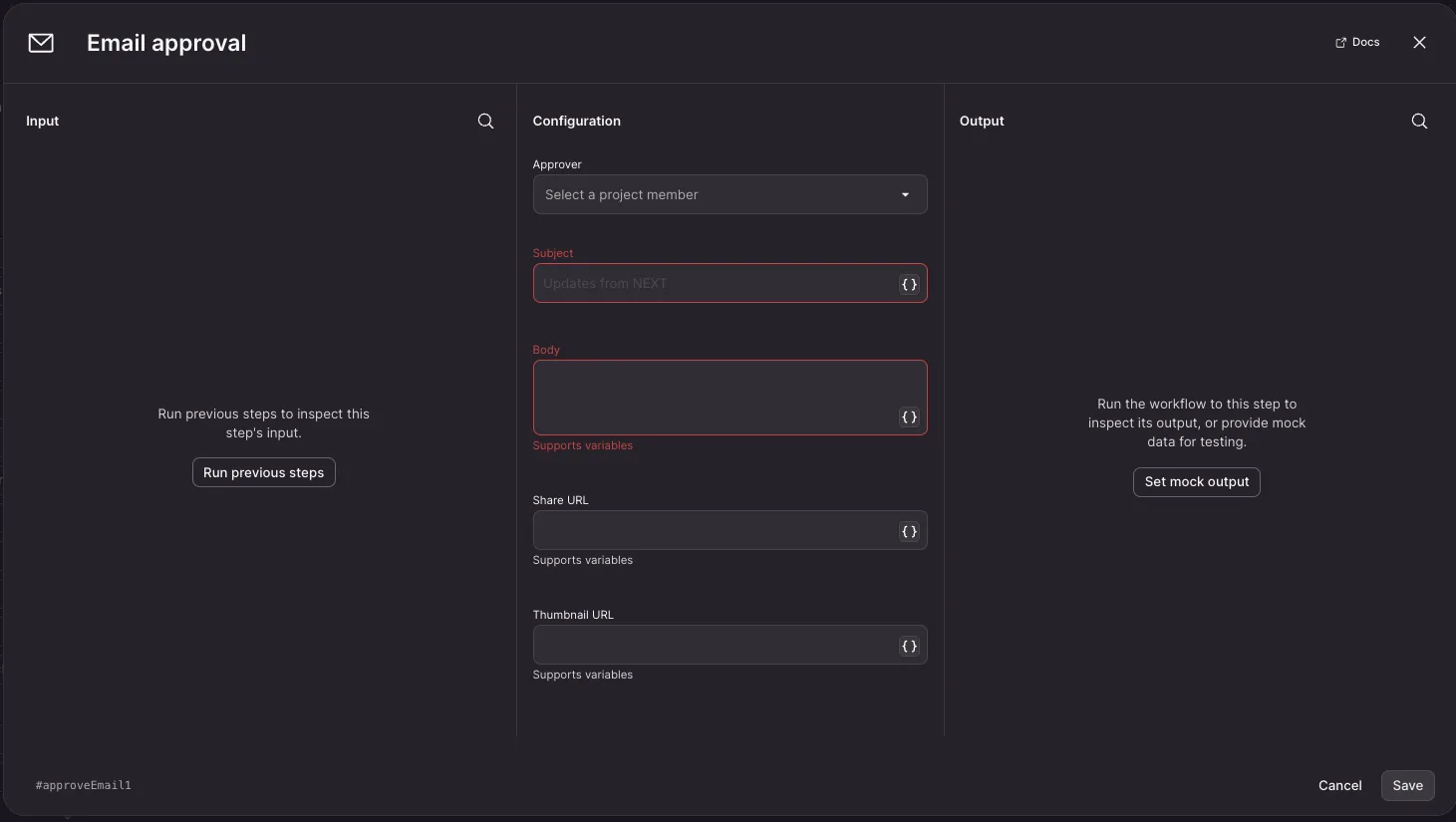 Email approval workflow step configuration