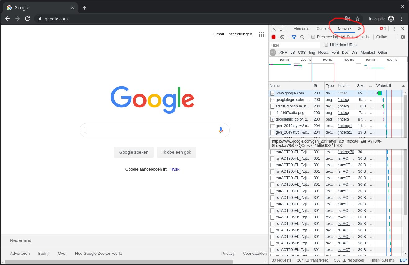 Chrome Network tab